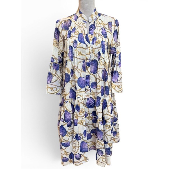 Ayfëe Florence Dresses & Skirts - Ayfëe Florence Cotton Gauze Seashell Rope Print Tiered Bell Sleeve Dress M